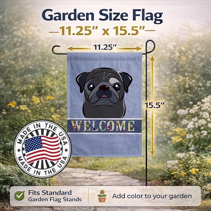 Caroline's Treasures BB1449GF Black Pug Welcome Garden Flag, Blue Mailbox Flag Decorative Yard Flag Banner Outside Patio Artwork Yard Flower Beds, Garden Size, Multicolor
