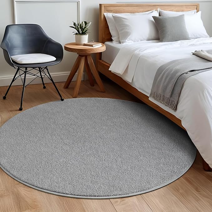 5' Grey Round Area Rug Modern Solid | Washable Memory Foam, Low Pile Non Slip Indoor Carpet for Living Room Bedroom Office Classroom College Dorm Room Home Decor