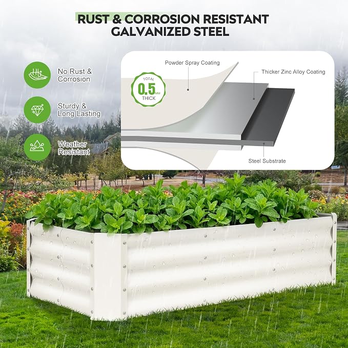 2 Pcs 4x2x1ft Galvanized Raised Garden Bed Outdoor, Metal Planter Boxes with Easy Assembly, Planter Raised Beds for Gardening, Flower, Plants, Vegetable, Herb - White