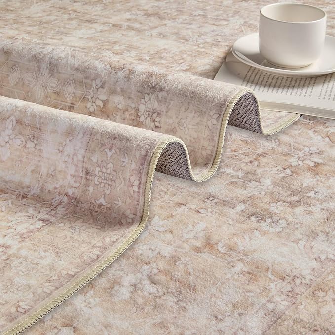 Latte&Fog Beige 8x10 Area Rugs for Living Room Netural Large Washable Rugs | Non Slip Low Pile Soft Floral Carpet for Girls Bedroom Dining Kitchen Kids Playroom Nursery Classroom Dorm Farmhouse Office