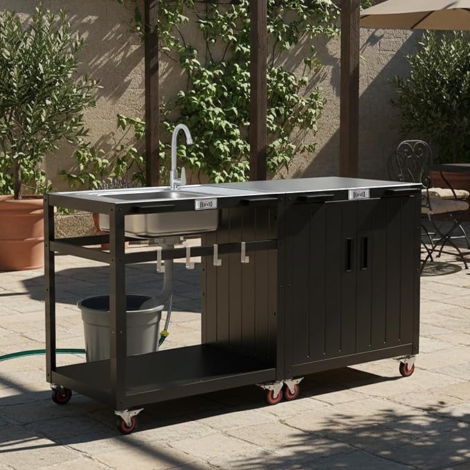 FEASTO 35-Inch Outdoor Grill Cart with Stainless Steel Sink, Rolling BBQ Prep Table with Faucet, Storage Shelves and Lockable Wheels for Patio, Backyard and Outdoor Cooking, Silver & Black | Rolling BBQ Prep Table with Faucet, Storage Shelves and Locka...