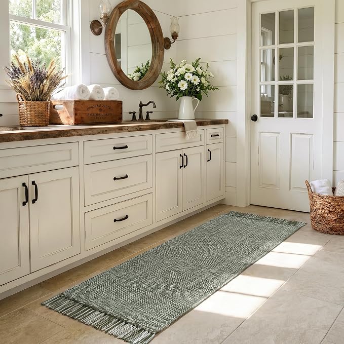 Sage Green Kitchen Runner Rug, 2' x 6' Boho Washable Bathroom Mat | Modern Farmhouse Hallway Runner Rugs Hand-Woven Reversible Bedroom Carpet for Laundry Entryway Home Decor