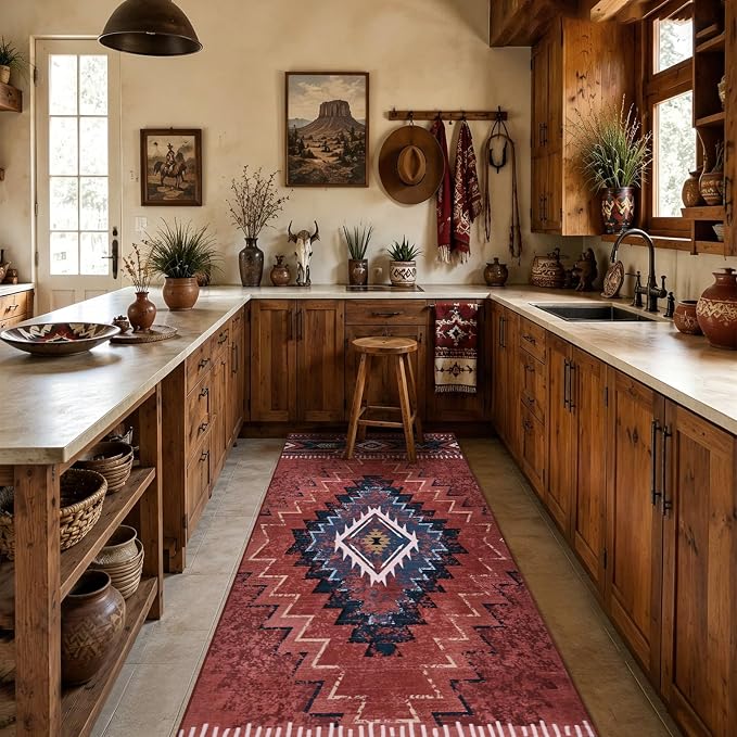 Yinhua 2x8 Runner Rug Non Slip, Western Washable Runner Rugs for Kitchen | Rust Aztec Long Hallyway Runners Rug Low-Pile, Soft Fall Carpet for Bedside Bathroom Entryway
