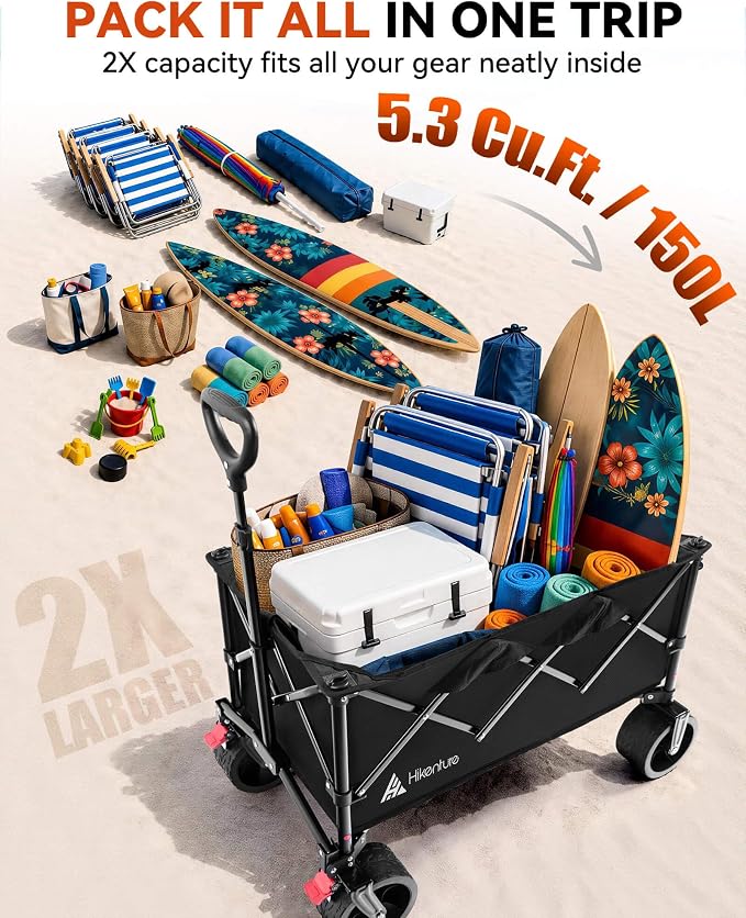 Hikenture Foldable Beach Wagon with Big Wheels for Sand, 330 lbs Capacity | Large wagon for beach, camping, sports & grocery hauling; Big wheels for sand & gravel; One-hand fold