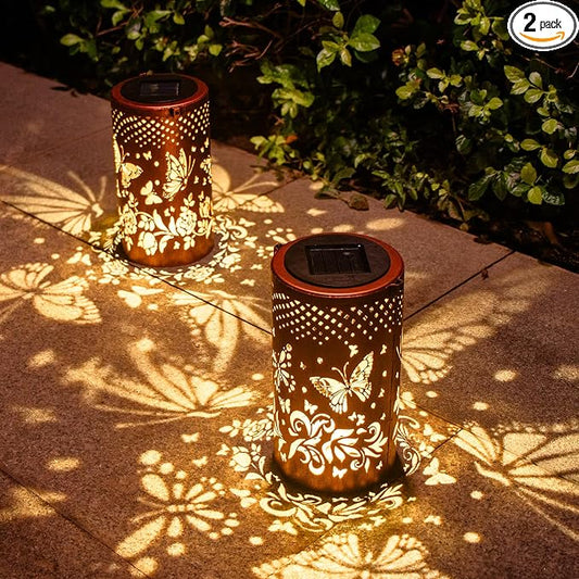 DIBIEECN 2 Pack Butterfly Solar Lanterns Outdoor Waterproof, Garden Decor | Metal Hanging Lights, IP65 Waterproof, LED Decorative Lantern, Patio & Backyard, Birthday Gifts for Women, Mom & Grandma