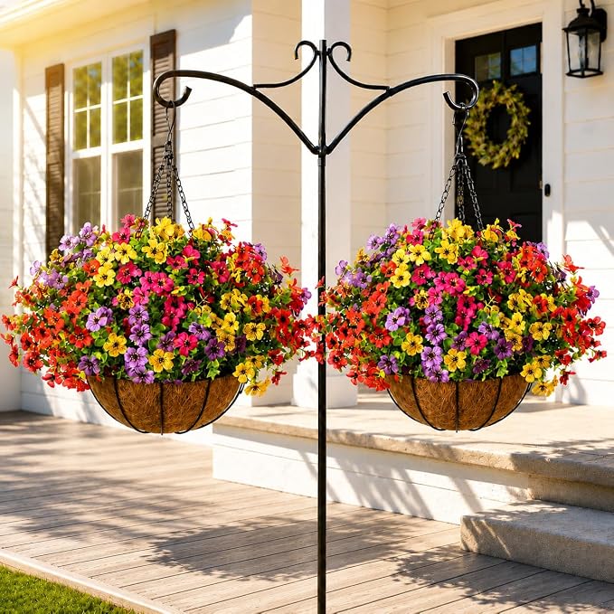 Geegoods 2 Pack Artificial Hanging Flowers for Outdoors, 24 Pcs UV Resistant Faux Mums Flowers with 2 Hanging Baskets, Fake Hanging Plants for Front Porch, Patio, Balcony, Yard and Garden Decor