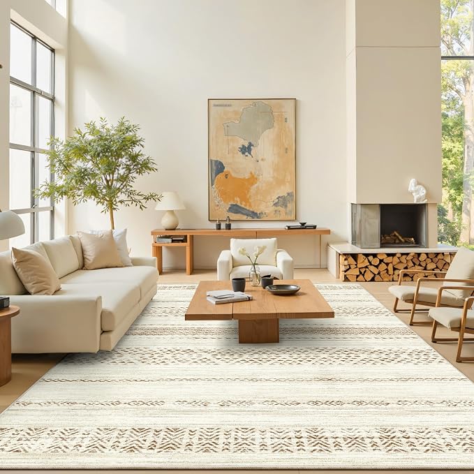 Miukiki 9x12 Area Rug for Living Room, Washable Non Slip Moroccan Rug Brown | Large Soft Rug for Kitchen Bedroom Dining Room Office, Low Pile Indoor Floor Carpet Home Decor 9'x12'