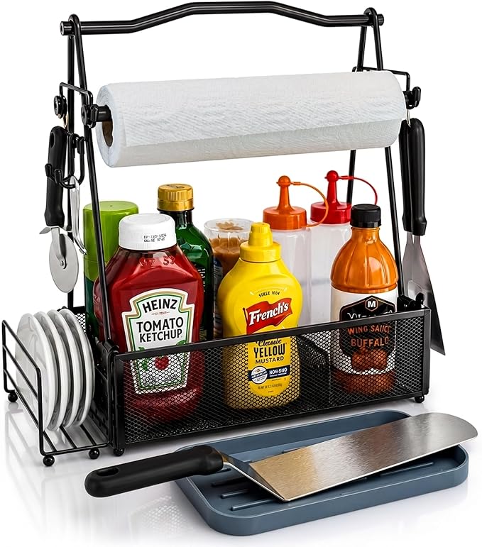 Grill Caddy for Outdoor Kitchen - Foldable Picnic Caddy for BBQ Accessories - Versatile Outdoor Kitchen Accessories Basket with Paper Roll Holder, Hooks & Compartments