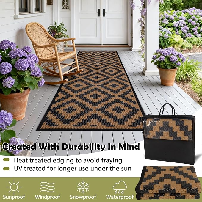 SAND MINE Reversible Mats, Plastic Straw Rug, Modern Area Rug, Large Floor Mat and Rug for Outdoors, RV, Patio, Backyard, Deck, Picnic, Beach, Trailer, Camping, Black & Brown, 2.5' x 8'
