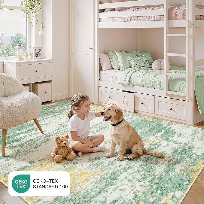 9x12 Area Rug for Living Room, Abstract Washable Large Rugs, Light Green | Soft Neutral Carpet for Bedroom, Dining Room, Home Office Nursery Indoor, Stain Resistant,Non-Slip, Low Pile, Modern Rug
