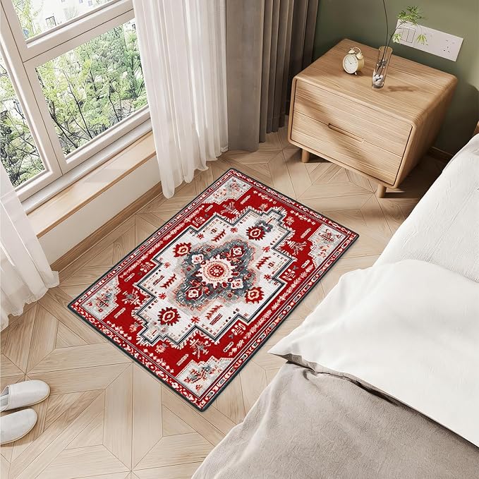 Red Geometric Rose 2x3 Entry Rug,Washable Small Rugs for Entryway Kitchen Bathroom Door Mat Indoor Entrance,Non Slip Rubber Backing,Stain & Fade Resistant,Gul Floral Farmhouse Decor