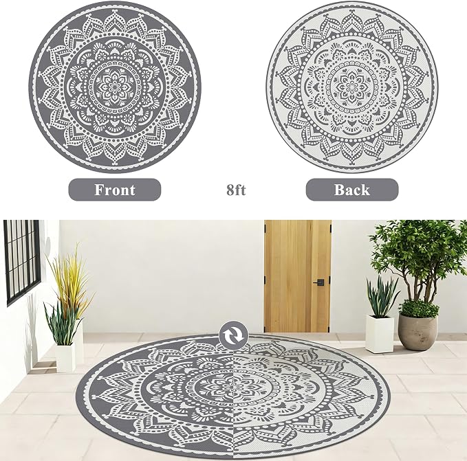 Bsmathom Waterproof Outdoor Rug 8ft Round Reversible Boho Plastic Straw Patio Deck Camping Rugs, Indoor Outdoor Portable RV Mat Carpet for Outside, Porch, Balcony, Backyard, Beach, Pool, Grey
