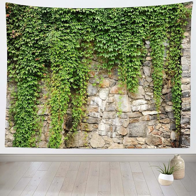 BELECO Spring Garden Wall Art 92x70 Inch Green Leaves Old Stone Wall Overgrown with Leaves Outdoor Nature Greenery Home Decor Aesthetic Living Room Bedroom Dorm Decor