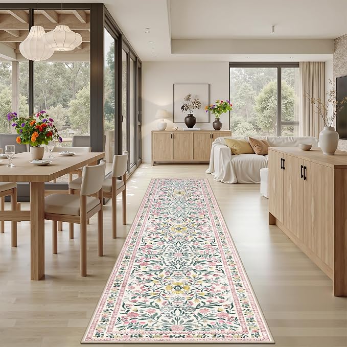 PLHXFR 2x5 Washable Runner Rug：Floral Indoor Kitchen Carpet Pink Green | For Hallway Bedroom Kitchen Laundry Bathroom Dorm,Vintage Floral,Machine washable,Non Slip,Stain Resistant,Indoor Floor