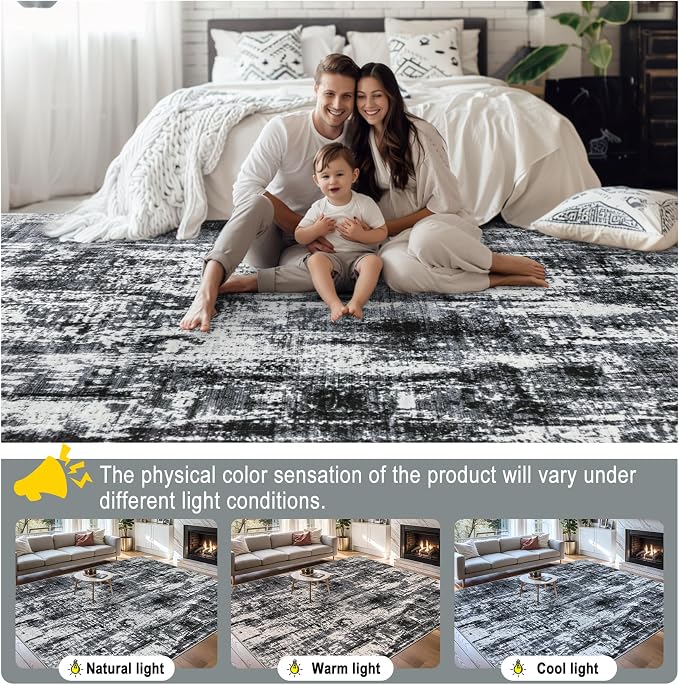 PLHXFR 10x12 Area Rug Living Room: Modern Abstract Washable Carpet Black | For Bedroom Dining Room Farmhouse Nursery Home,Machine washable,Non Slip,Large Soft Neutral,Stain Resistant, Indoor Floor