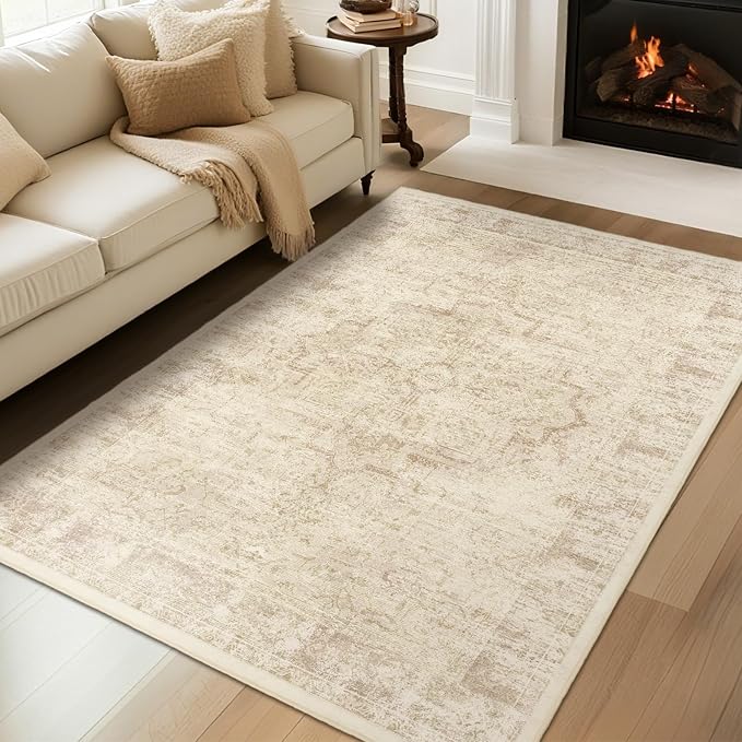 Farmhouse Beige Washable Area Rugs 5x7 for Living Room, Distressed Medallion Printed Rugs for Bedroom, Non Slip Washable Low Pile Thin Carpet Rugs for Dining Room/Kitchen/Foyer/Home Office