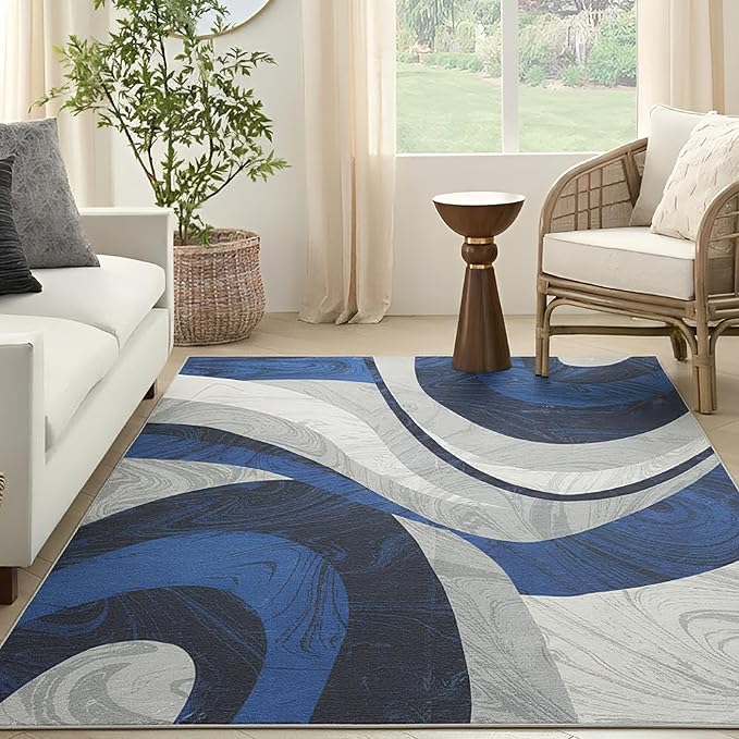 Washable Area Rug for Living Room, Indoor, Dinig Room – Soft Pile Non-Slip Rug for Kitchen – Modern Contemporary Design Machine Washable Carpet, Foldable Rug, Easy to Clean – (8X10-Dark Blue)