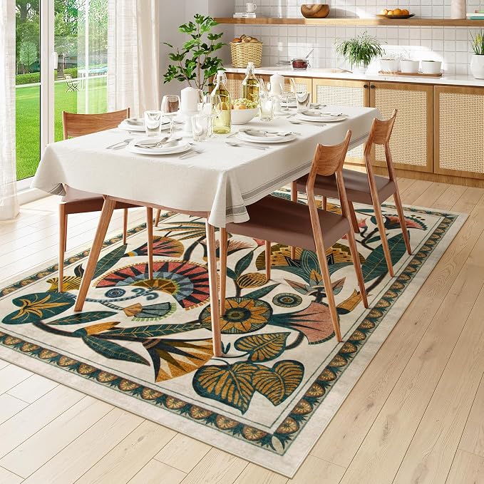 Zealude Egypt Floral Washable Area Rugs for Living Room 5x7 Boho Large Vintage Beige Bedroom Dining Room Rug,Non Slip Soft Throw Carpet for Entryway Kitchen Office Hardwood Playroom (5 x 7)