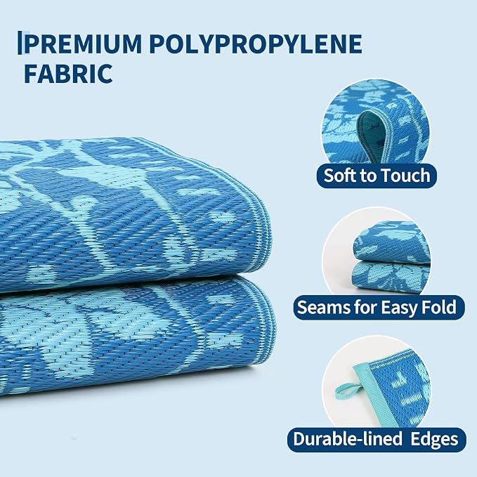 Garvee 5x8 Outdoor Patio Rug, Floral Waterproof Outdoor Rug for Camping with Portable Bag, Vintage Plastic Straw RV Rugs for Outside, Reversible Mats for Picnic Backyard Porch Balcony, Dark Blue