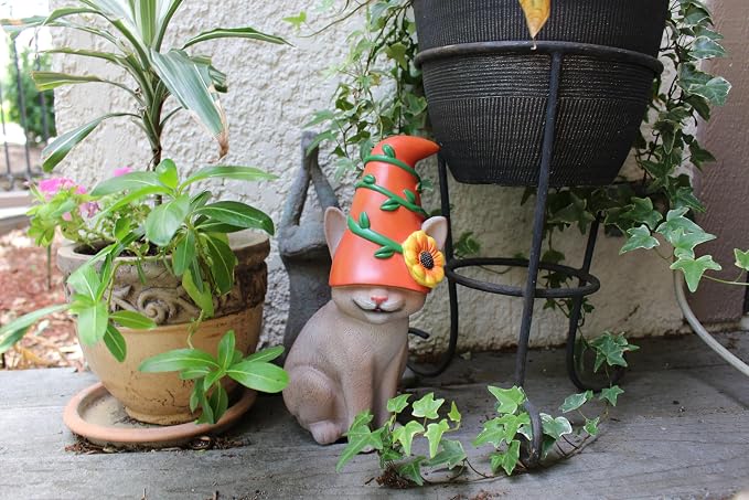 Cat Gnome 12" Tall (Gray) | Cute Outdoor Statues for Garden, Cat Home Décor, Hand-Painted and Original Design