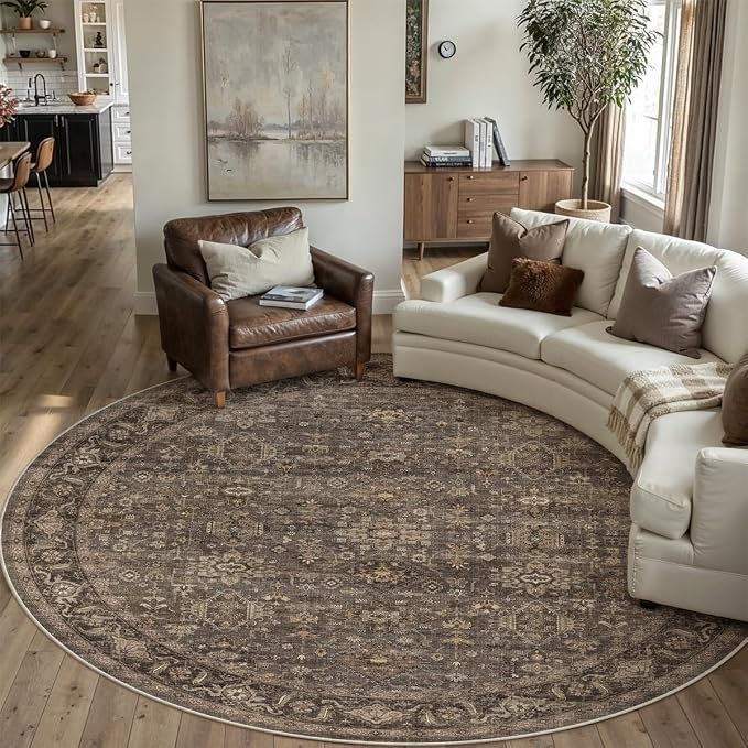8x8 Dark Brown Vintage Round Rug | Washable, Non Slip, Soft Low Pile, Traditional Farmhouse, for Dining Room Living Room Bedroom Entryway Indoor