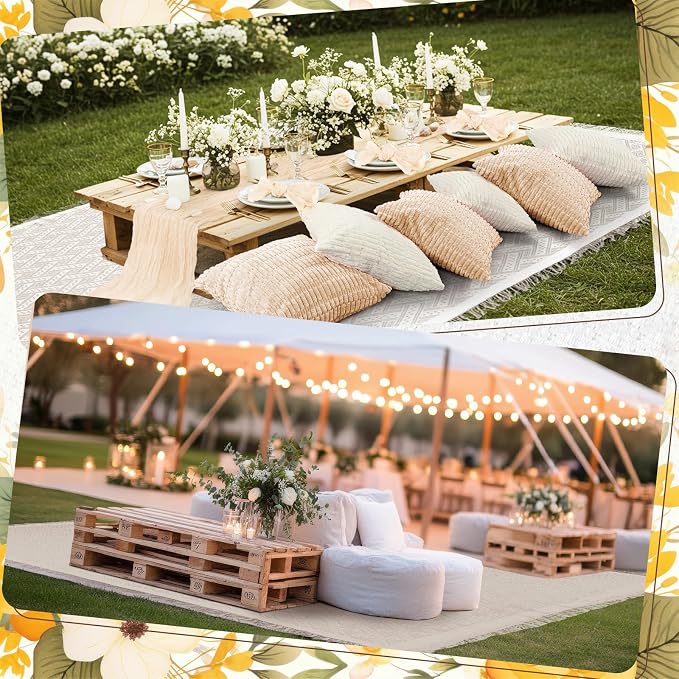 Beeveer 14 Pack Picnic Kit 91x71 Inch Extra Large Outdoor Boho Picnic Blanket with Beige White Table Runner, 6 Throw Pillow Cover 6 Napkin Woven Cotton Yarn Washable Beach Blanket for Camp Wedding