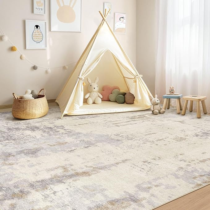 UERMEI 5x7 Area Rug Living Room Rugs - Washable Neutral Modern Abstract Soft Thin Rug Indoor Floor No Slip Rug Carpet for Bedroom Under Dining Table Home Office Decor - Light Brown/Gray