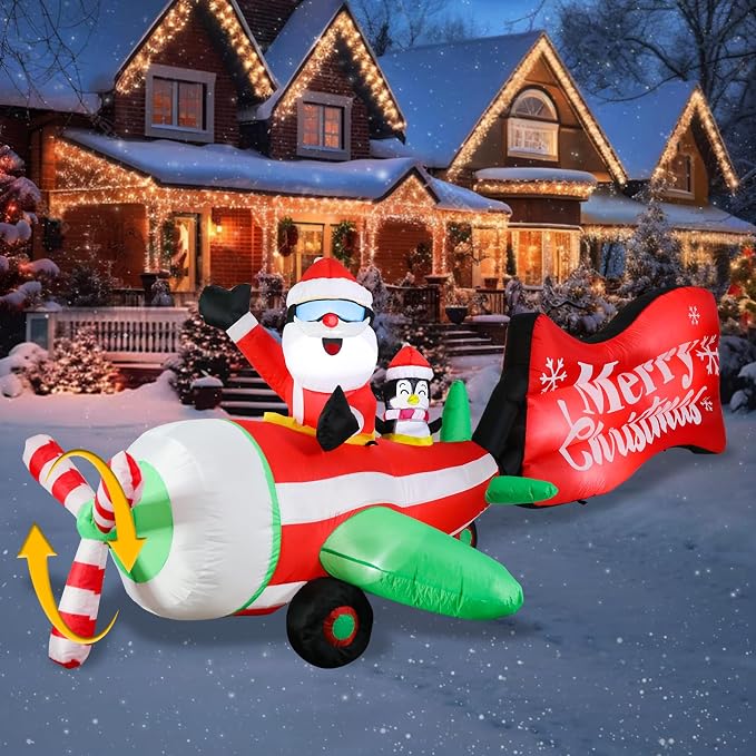 MUMTOP Christmas Inflatable Outdoor Decoration - 10FT Inflatable Santa and Penguin on Animated Helicopter with Rotating Propeller and Merry Christmas Banner Blow Up Inflatables for Garden Yard Decor