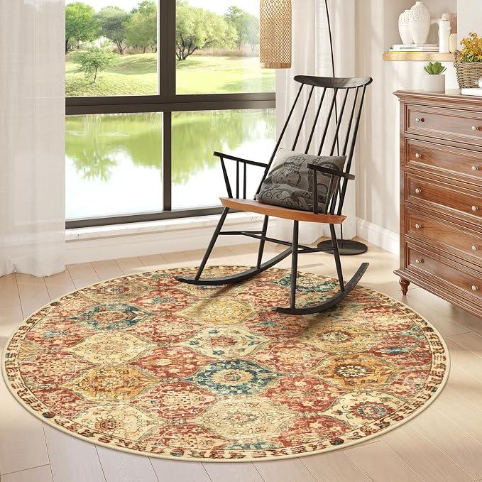 Lahome Moroccan Washable Round Rugs, Non-Slip Soft Round Rug 4ft Ultra-Thin | Trellis Small Vintage Circle Carpet for Entryway Kitchen Bedroom Nursery Bathroom Elise, Red Orange