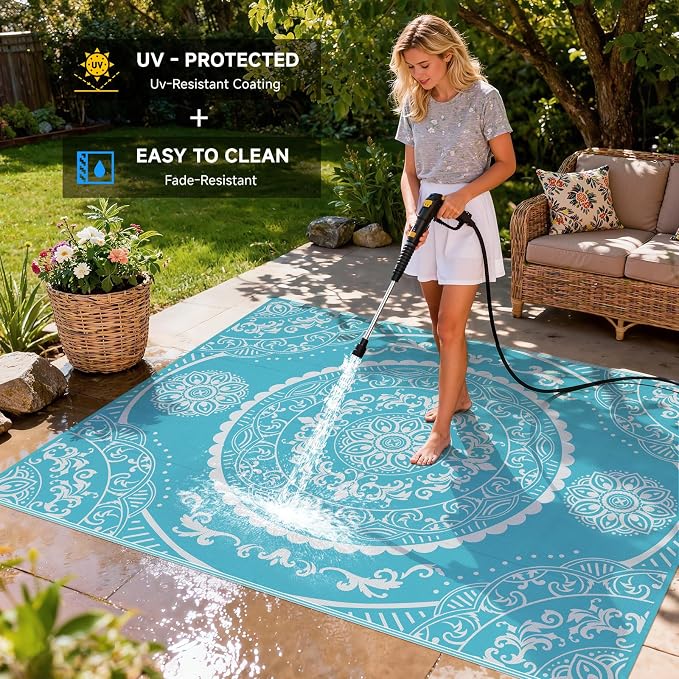 Pauwer Waterproof Outdoor Rug 8x10, Reversible Plastic Straw Patio Camping Rug, Indoor Outdoor RV Mat Carpet for Deck, Camper, Porch, Balcony, Backyard, Picnic, Paisley Teal