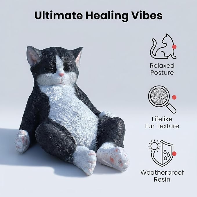 Cat Statue Outdoor Cat Figurines Garden Decor, Black & White Cat Statue Figurine Decor Sculpture for Patio, Yard, Resting Tuxedo Cat Statues for Indoor Table Accessory, Gift for Mom & Cat Lovers