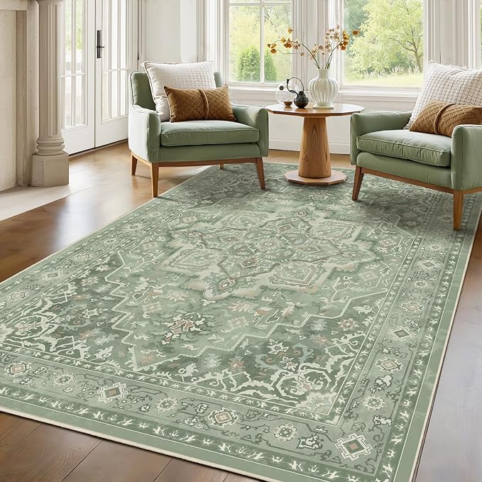 Soft Sage Green 5x8 Area Rugs for Living Room, Cozy Cottagecore Dining Room Rug Washable Non Slip, Modern Vintage Medallion Low Pile Thin Carpet Rugs for Den/Bedroom/Foyer/Home Office