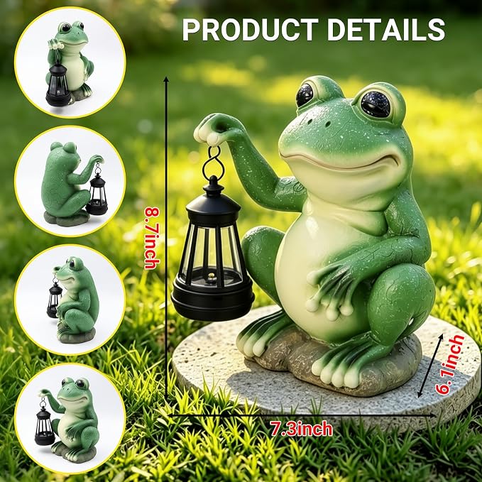 Solar Frog Garden Statue with LED Lantern, Waterproof Resin Figurine | for Yard, Pond, Pathway, Patio & Flower Bed, Cute Outdoor Decor, Unique Birthday & Housewarming Gift for Women, Mom & Grandma