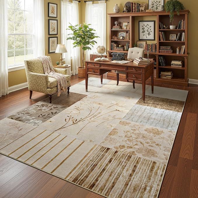 DweIke Floral Rugs for Living Room, 6x9 Washable Area Rug for Dining Room Farmhouse Office Bedroom Decor, Geometric Patchwork Stain Resistant Low Pile Indoor Floor Throw Rugs, Beige