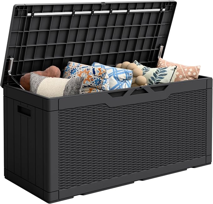 Flamaker Outdoor Storage Box 100 Gallon Waterproof Resin Deck Box Delivery Box with Air Rod Indoor Outdoor Lockable Storage Bench for Patio Cushions, Tools, Pool Accessories (Black)