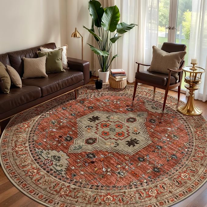 Tangsoo Washable Round Area Rugs 6ft, Boho Non Slip Large Circle Rug | Oriental Soft Low Pile Circular Rugs, Vintage Large Round Rugs Carpet for Living Room Bedroom Dining Room Office Terracotta