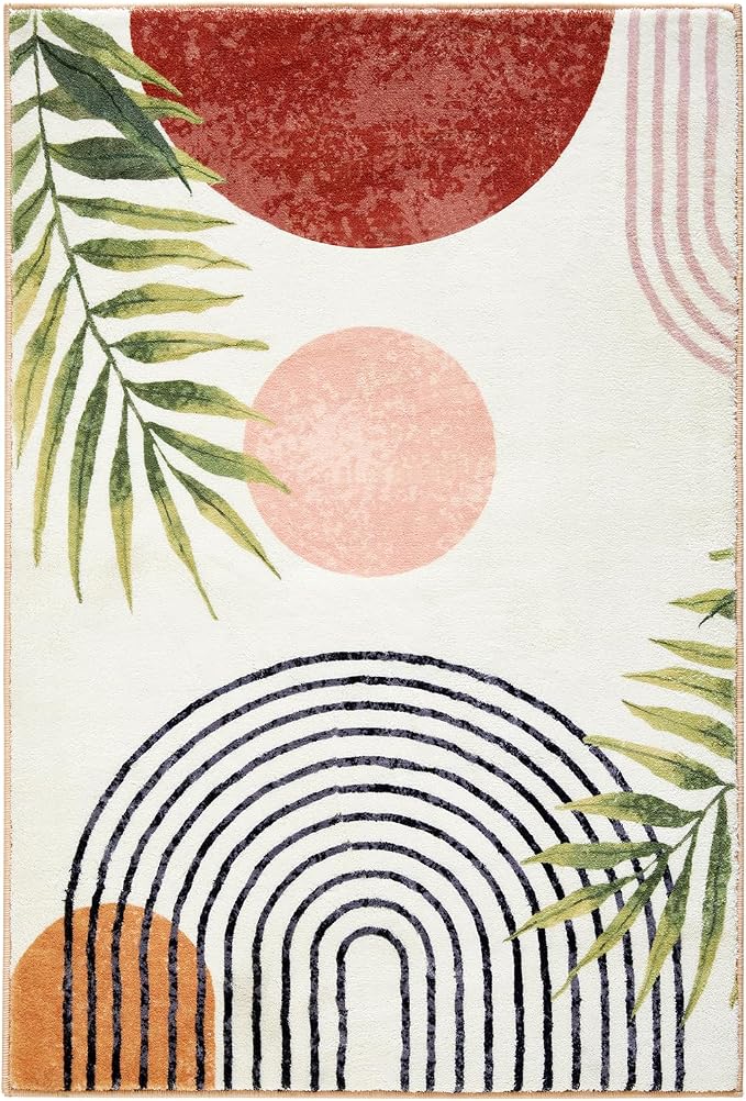 RoomTalks Mid Century Modern Washable Rug, Boho Cute Aesthetic 5x7 Area Rugs for Bedroom Dining Living Room Kitchen, Abstract Tropical Leaves Non Slip Thin Indoor Entryway Rug Accent Floor Carpet