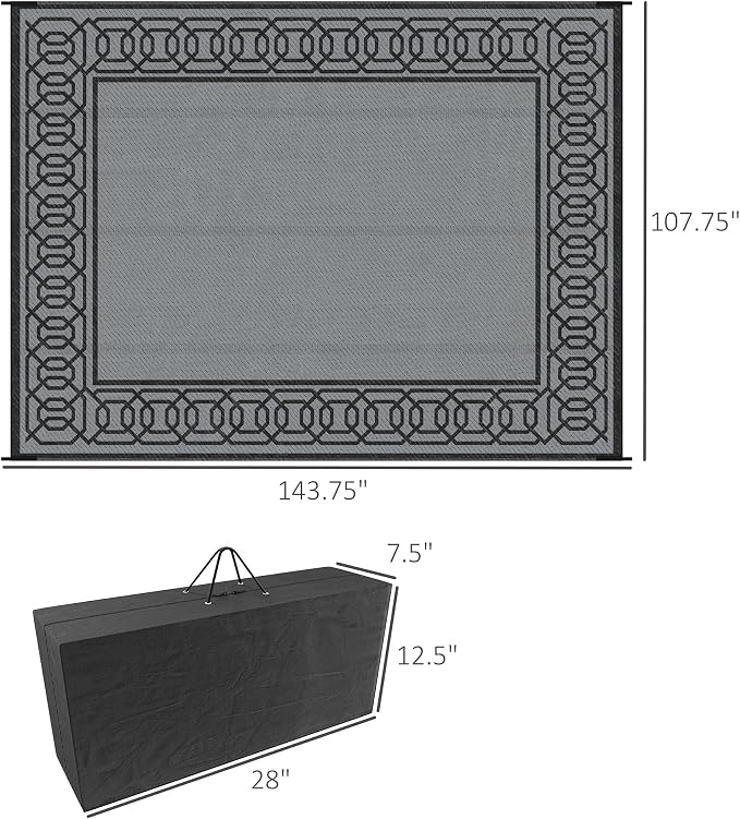 Outsunny Outdoor Rug for Patio, 9' x 12' Waterproof Large Mat, Reversible Plastic Straw Rug for Decor, Portable Outside RV Camping Area Carpet Mat for Backyard Porch Deck Picnic, Black & Gray Border
