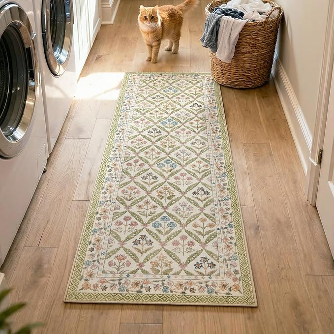 jinchan Runner Rug 2x5 Vintage Floral Washable Hallway Area Rug, Sage Green | Soft & Lightweight, Checkered Floral, Low Pile, Non Slip, Entryway, Kitchen, Bedside, Laundry Room, Cottage Decor
