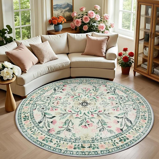PLHXFR Round Area Rug Living Room: 6 ft Floral Washable Carpet Green Beige | For Bedroom Dining Room Farmhouse Nursery Hallway,Vintage Floral,Machine washable,Non Slip,Stain Resistant,Large Indoor