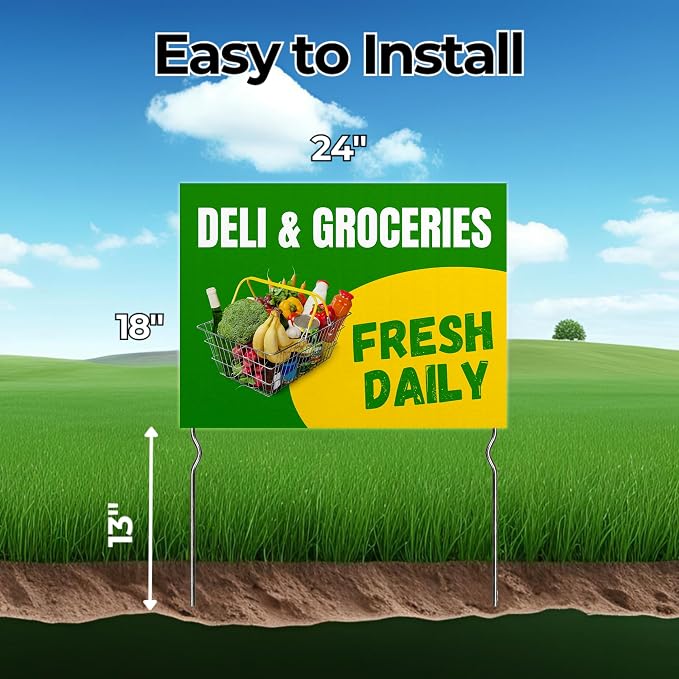 Deli & Groceries - Fresh Daily! Yard Sign by DC | 24"x18" Double Sided Conv. Store Garden Sign with 13” Metal Stakes | Outdoor Signs Waterproof for Lawn, Patio, Sidewalk & House | Set of 1