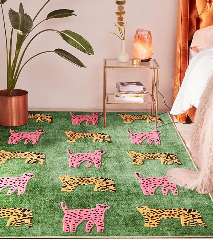 Leopard Washable Rugs, Green Cute Cheetah Tropical Animals Boho Vintage Distressed Hippie 4x6 Area Rugs for Dining Living Room Bedroom Kitchen Nursery, Oriental Aesthetic Tribal Indoor Entryway Carpet