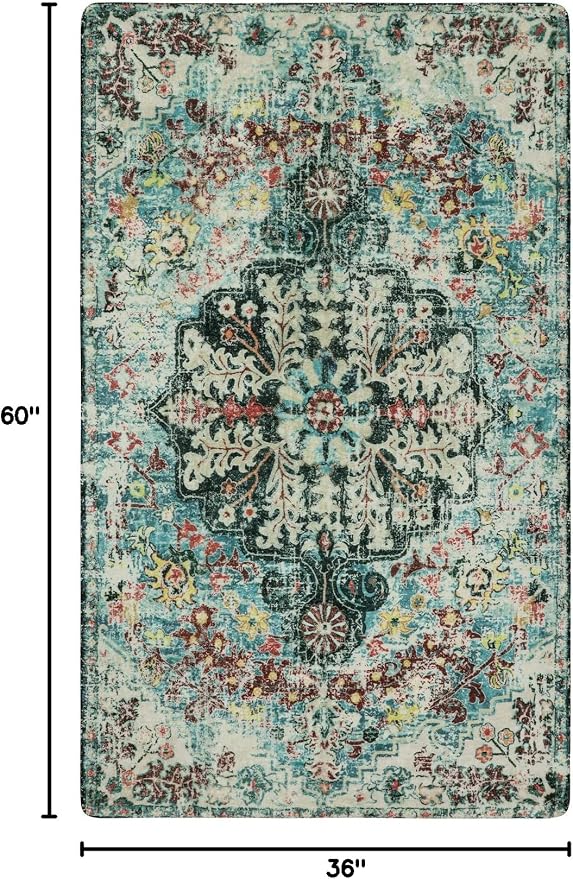 Lahome Reine Bohemian Floral Medallion Area Rug - 3x5 Washable Bedroom Rug Entryway Mat, Non Slip Pet Friendly Turkish Nursery Carpet for Kitchen Sink Camper Couch Living Dining Room Office Hardwood