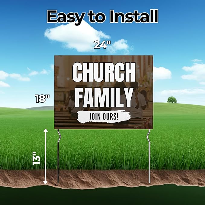 Church Family - Join Ours! Yard Sign by DC | 24"x18" Double Sided Church Garden Sign with 13” Metal Stakes | Outdoor Signs Waterproof for Lawn, Patio, Sidewalk & House | Set of 4 | Made in USA