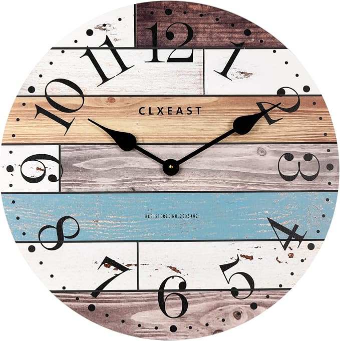 CLXEAST 24 Inch Multicolor Woodgrain Shiplap Wall Clocks for Living Room Decor, Large Farmhouse Wall Clock,Coastal Beach Nautical Style