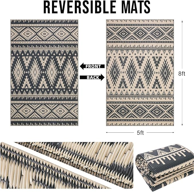 OLANLY Outdoor Rug Waterproof 5x8 ft, Reversible Outdoor Plastic Straw Rug, Boho Patio Rug, Indoor Outdoor Carpet, RV Mat Outside for Patio, Camp, Picnic, Balcony, Deck, Backyard, Black & Beige