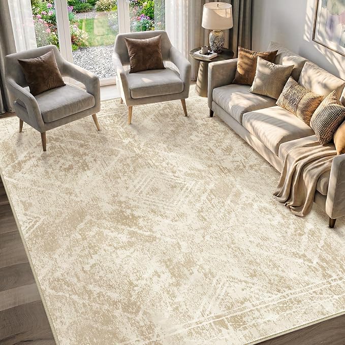 8'x10' Washable Area Rug for Living Room Beige/Lightbrown | Soft Western No Slip Low Pile Print Foldable Indoor for Kitchen Dining Room