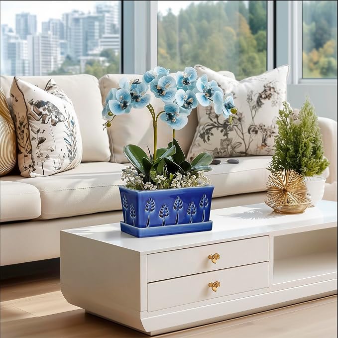 BUYMAX 10 Inch Rectangle Ceramic Orchid Pots with Holes, Heavy Duty Handmade Ceramic Plant Pot with Drainage and Saucer, Accommodate 2 Orchids, Enhance Good Ventilation - Blue