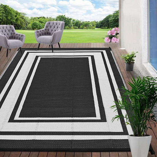 RURALITY Plastic Straw Outdoor Mats 5 ft by 8 ft for Patios Waterproof Rugs for Backyard,Porch,Deck,Balcony,Reversible,Black and White