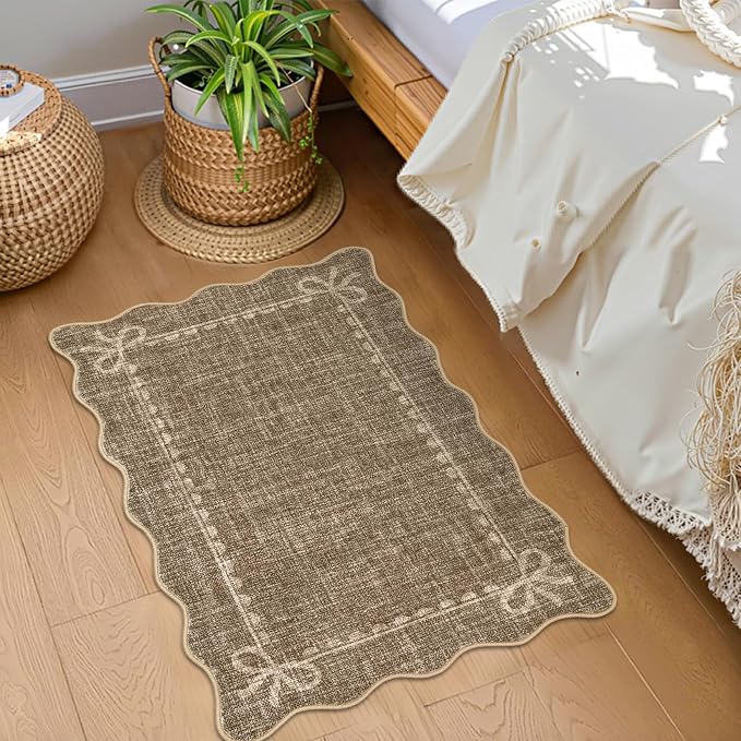 GarveeHome Scalloped Entryway Rug 2x3 Washable Front Door Bow Rug, Brown | Non Slip Soft Low Pile Ultra-Thin Stain Resistant Indoor Carpet for Girls Dorm Nursery Bedroom Decor Hallway Kitchen Floor